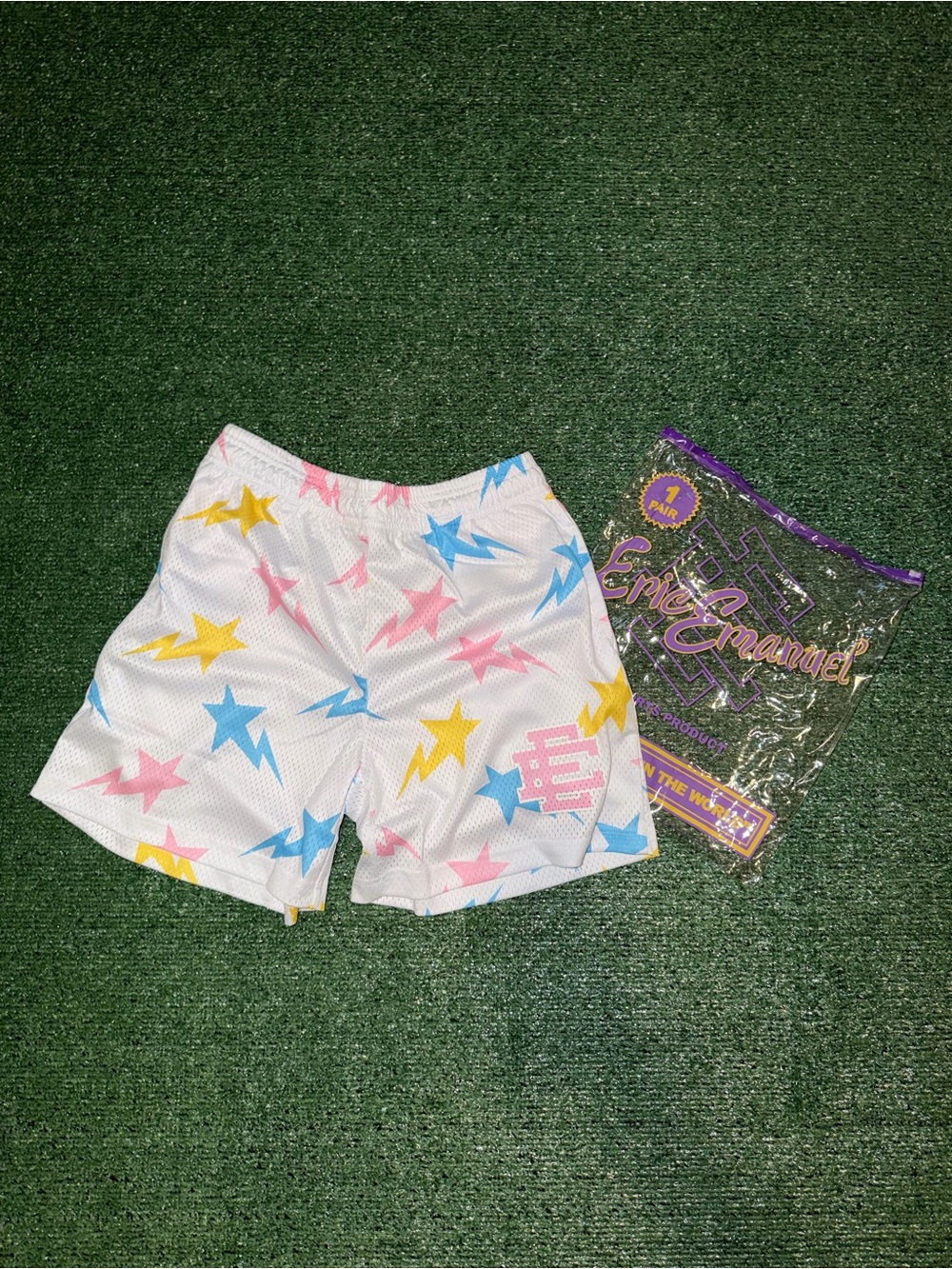 Eric Emanuel White Mesh Shorts with Pink, Blue & Yellow Star Bolts